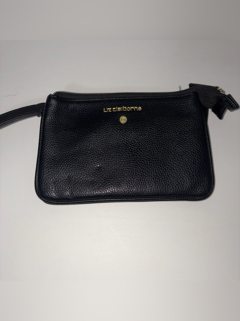 Liz Claiborne Black Leather Wristlet with Gold Logo